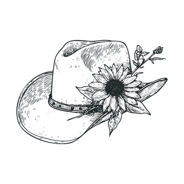 Cowboy hat with sunflower and delicate floral elements, beautifully rendered in a detailed vintage engraving style illustration, evoking rustic charm.