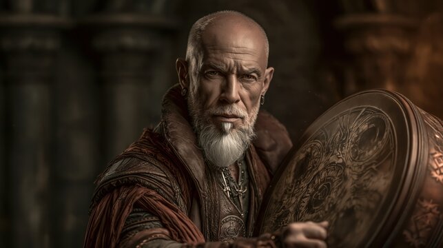 Europe medieval lifestyle. A detailed, realistic portrait of a bald man with a long white beard and mustache. He wears a richly detailed leather outfit with intricate patterns and designs.