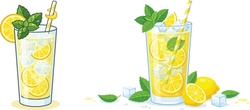 Refreshing lemonade drink with ice cubes lemon slices and fresh mint leaves in a tall glass lemonade refreshing