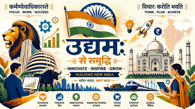 Vibrant Indian Independence Day collage showcasing economic growth, innovation, and national pride with symbols like the lion, flag, Taj Mahal, and diverse industries.