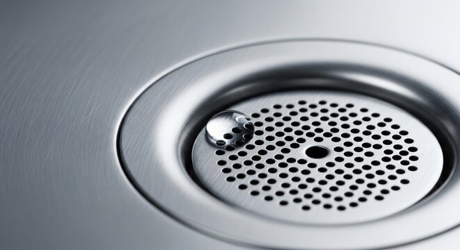 A close-up view of a metal kitchen sink drain with a large shiny water droplet on the grill