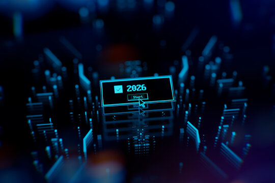 New 2026 year popup window on digital lcd display with reflection. Concept of new year, annual plan, growth strategy, business planning, investment trends and strategy road map.