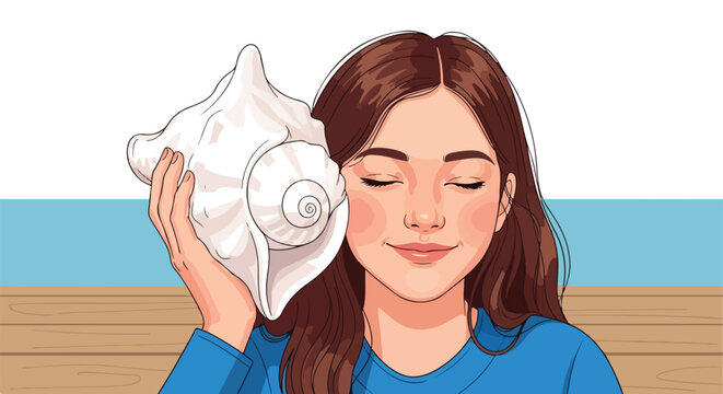 Woman listening to a large conch shell by the sea