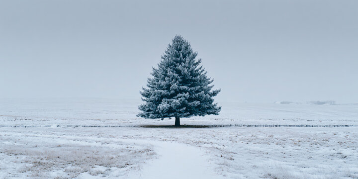 Lone Pine Tree in Snow Covered White Winter Field