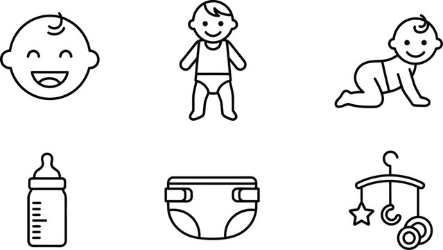 Cute Baby Nursery and Infant Milestones Line Art Icon Set