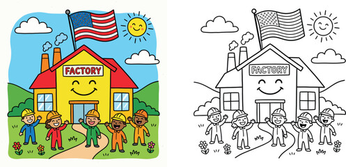 Naklejka premium Cute cartoon factory workers with coloring page book vector, smiling building with USA flag, happy laborers and industrial construction illustration for kids