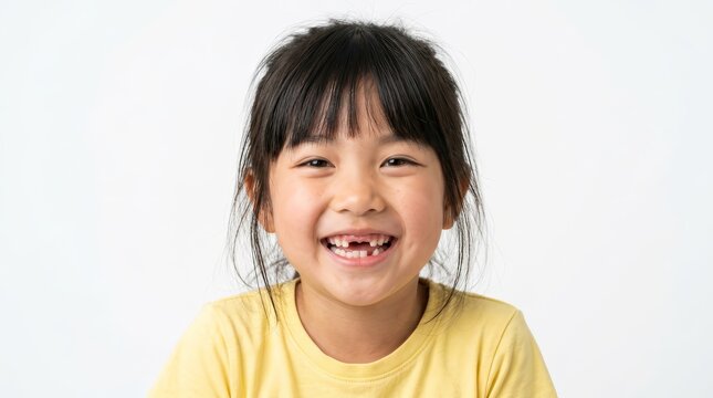 Young girl smiling and showing a gap from tooth removal and missing teeth.