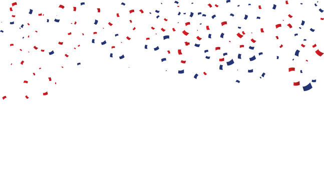 Patriotic red and blue confetti falling isolated on white background; festive American USA vector frame border illustration for 4th of July Independence Day party and copy space