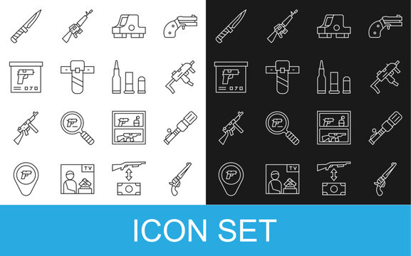 Set line Revolver gun, Anti-tank hand grenade, MP9I submachine, Collimator sight, Knife holster, Military ammunition box, knife and Bullet icon. Vector