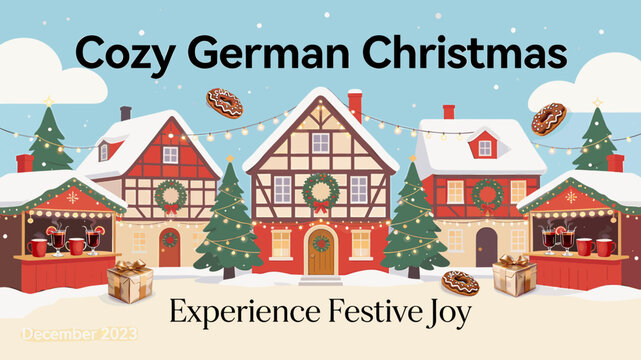A charming illustration of a cozy German Christmas market scene with traditional half-timbered houses, festive stalls, decorated trees, snow, and floating gingerbread.