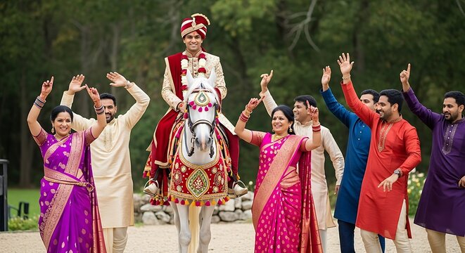 Groom on Horse With Party.