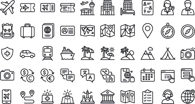 Travel Icons Set Seamless Pattern with Flat Design and Outline Style