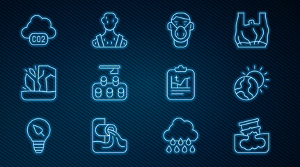 Fototapeta premium Set line Barrel oil leak, Global warming, Face protective mask, Deforestation, Glacier melting, CO2 emissions cloud, and High human body temperature icon. Vector