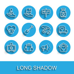 Fototapeta premium Set line First aid kit, Trash can, Caring for people, Megaphone, Shelter homeless, Shovel, Delivery truck with heart and Donation and charity icon. Vector