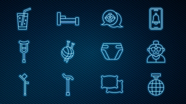 Set line Disco ball, Grandmother, Yarn with knitting needles, Crutch or crutches, Glass water, Adult diaper and Bed icon. Vector