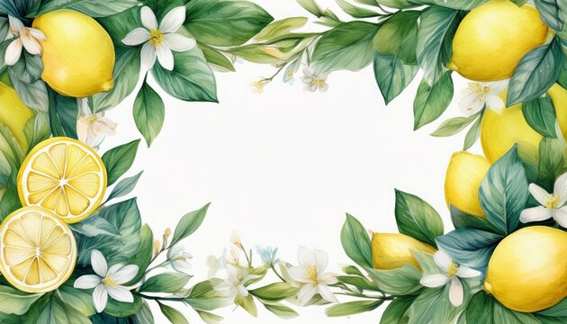 watercolor lemon and flower border frame with copy space
