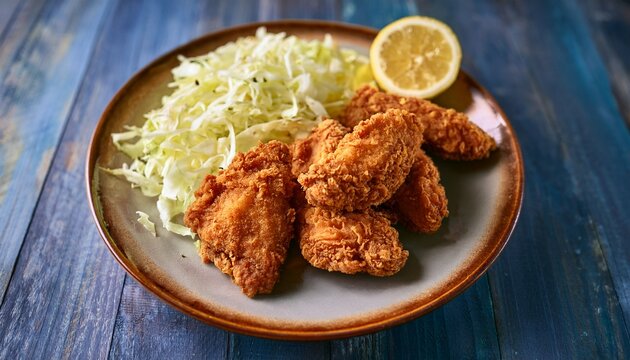 deliciously golden and crispy fried chicken pieces beautifully presented on a rustic plate alongside fresh shredded cabbage and a zesty lemon wedge ready to be enjoyed as a flavorful meal