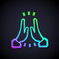 Obraz premium Glowing neon line Informal greeting icon isolated on black background. Happy people giving high five. Vector
