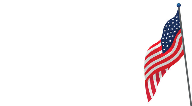 Waving American flag on flagpole positioned on right side with white background copy space; patriotic USA vector illustration template banner for 4th of July Independence Day ads