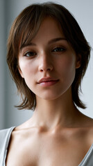 Fototapeta premium Young woman with short brown hair, natural makeup, soft smile, smooth skin, casual style, indoor light, confident and calm mood