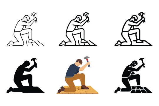 Stonemason set demonstrating chiseling stone in various styles