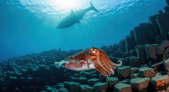 Underwater scene, giant squid, shark, ocean floor, sea creatures
