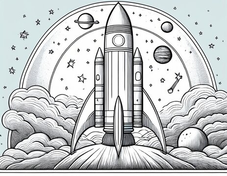 space journey field trip bottle rocket line art hand drawn black and white outline