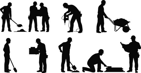 Construction worker silhouettes, builders set, manual laborers working, carrying boxes, pushing wheelbarrow, shovel tools, isolated white background, vector graphic, © SUMAIYA