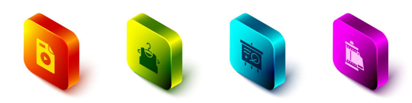 Set Isometric AVI file document, Sleeveless T-shirt, Scenario on chalkboard and Camera roll cartridge icon. Vector