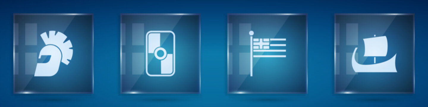 Set Greek helmet, shield, Greece national flag and trireme. Square glass panels. Vector