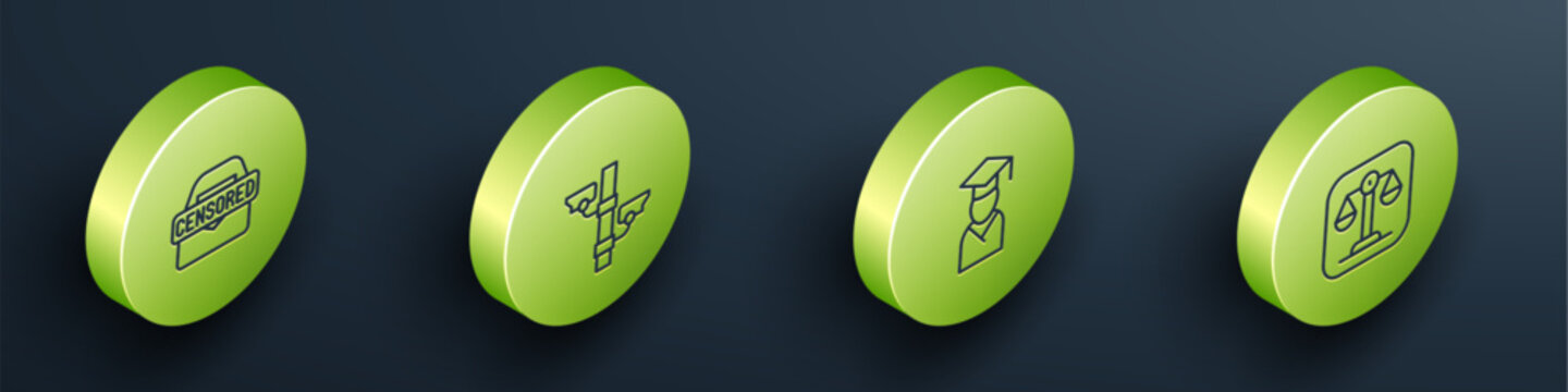 Set Isometric line Censored stamp, Security camera, Graduate and graduation cap and Scales of justice icon. Vector