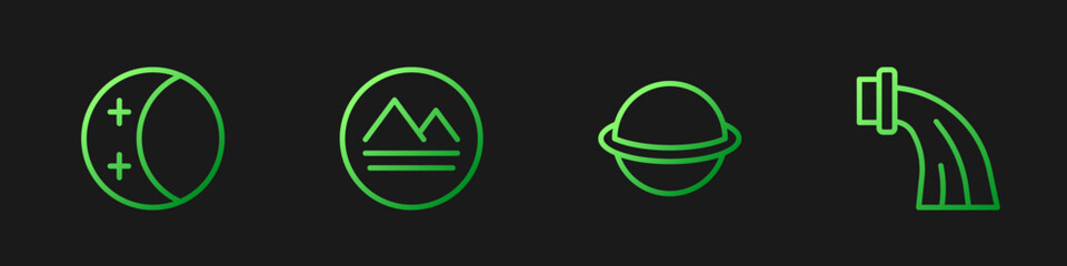 Set line Planet Saturn, Eclipse of the sun, Earth element and Aquarius zodiac. Gradient color icons. Vector © Vadim
