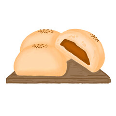 Fototapeta premium Hand Drawn Illustration of Japanese Red Bean Buns with Sesame Seeds on Wooden Board