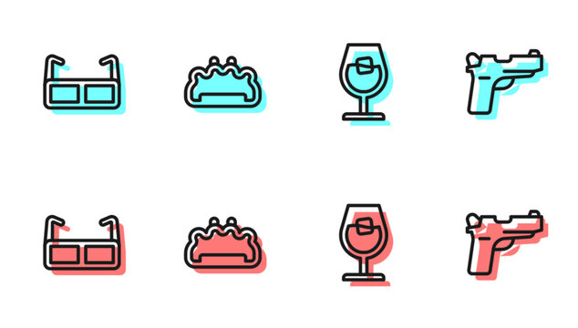 Set line Wine glass, Glasses, Brass knuckles and Pistol or gun icon. Vector
