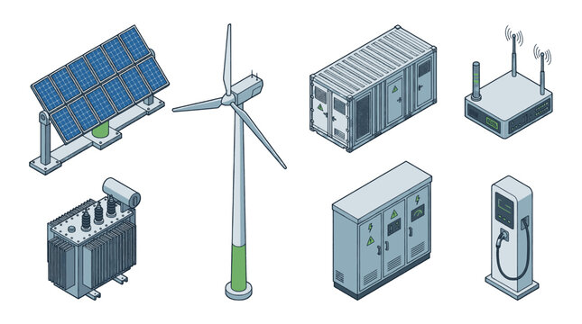 Collection of renewable energy and electrical infrastructure equipment in isometric view.