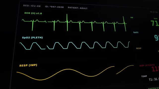 Medical monitor displaying stable vital signs, including heart rate, SpO2, and blood pressure.