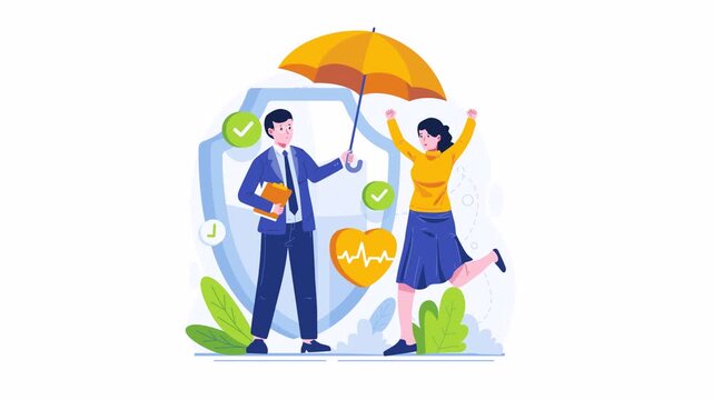 2D animated life insurance motion graphic featuring an agent protecting a happy client with umbrella, shield, checkmarks, and heart pulse icon for web, apps, ads, and explainer videos.