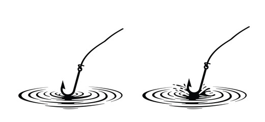 A bobber floating in the water with fish hook, with soft concentric ripples around it and a fishing line. For Fishhook or fish hook concept. Fish wobbler. National go fishing day. © MarkRademaker