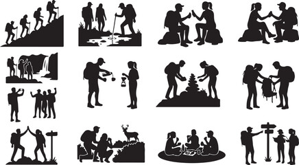 Obraz premium Diverse group of hikers and campers in silhouette, showcasing various outdoor activities and poses isolated on white background, Vector