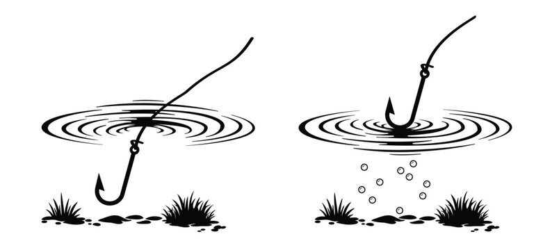 A bobber floating in the water with fish hook, with soft concentric ripples around it and a fishing line. For Fishhook or fish hook concept. Fish wobbler. National go fishing day.