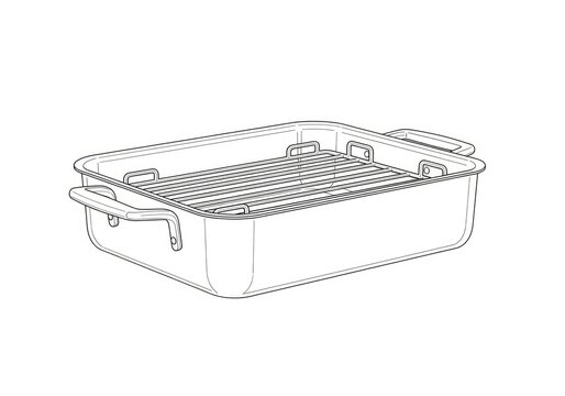 A simple line drawing depicts a rectangular baking pan. The pan has a metal construction with a grid pattern on the bottom for even heat distribution.