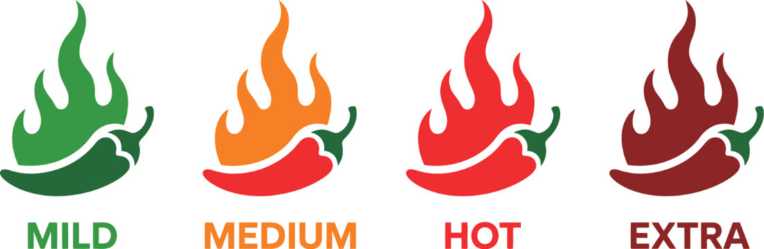Pepper, heat level intensity scale, mild to extra spicy chili strength comparison, Scoville scale concept chart vector design