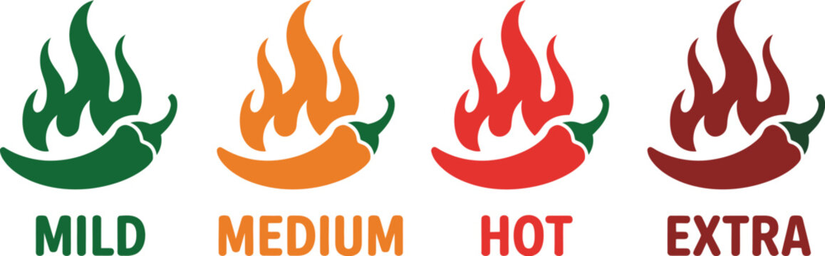 Pepper, heat level intensity scale, hot chili strength measurement chart, spice level comparison from mild to extreme Scoville concept design