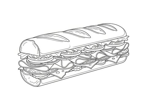 A line drawing depicts a long, layered sandwich. The sandwich consists of a baguette, sliced ham, cheese, lettuce, and tomato.
