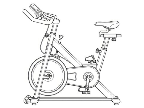 A stationary exercise bike is depicted in a detailed line drawing. The bike features a silver frame, a padded seat, a handlebar with controls, and a flywheel.