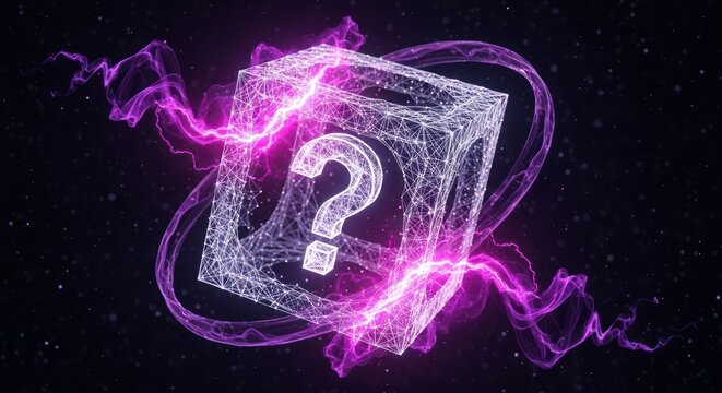 Glowing purple question mark box in digital cosmic space.