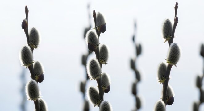 Macro capture of pussy willow branches showing rhythmic pattern of silver catkins against a high key white background