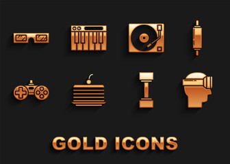 Set Cake, Rolling pin, Virtual reality glasses, Dumbbell, Gamepad, Vinyl player with vinyl disk, 3D cinema and Music synthesizer icon. Vector © Oksana