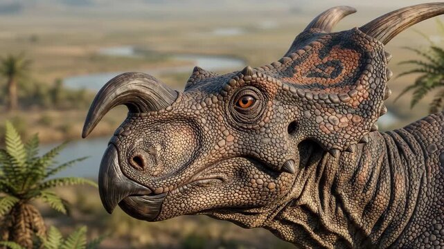 Einiosaurus, Einiosaurus procurvicornis, Cretaceous horned dinosaur in river valley, herbivore portrait, scientific accurate rendering