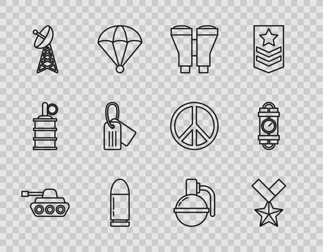 Set line Military tank, reward medal, Binoculars, Bullet, Radar, dog tag, Hand grenade and Detonate dynamite bomb stick timer clock icon. Vector